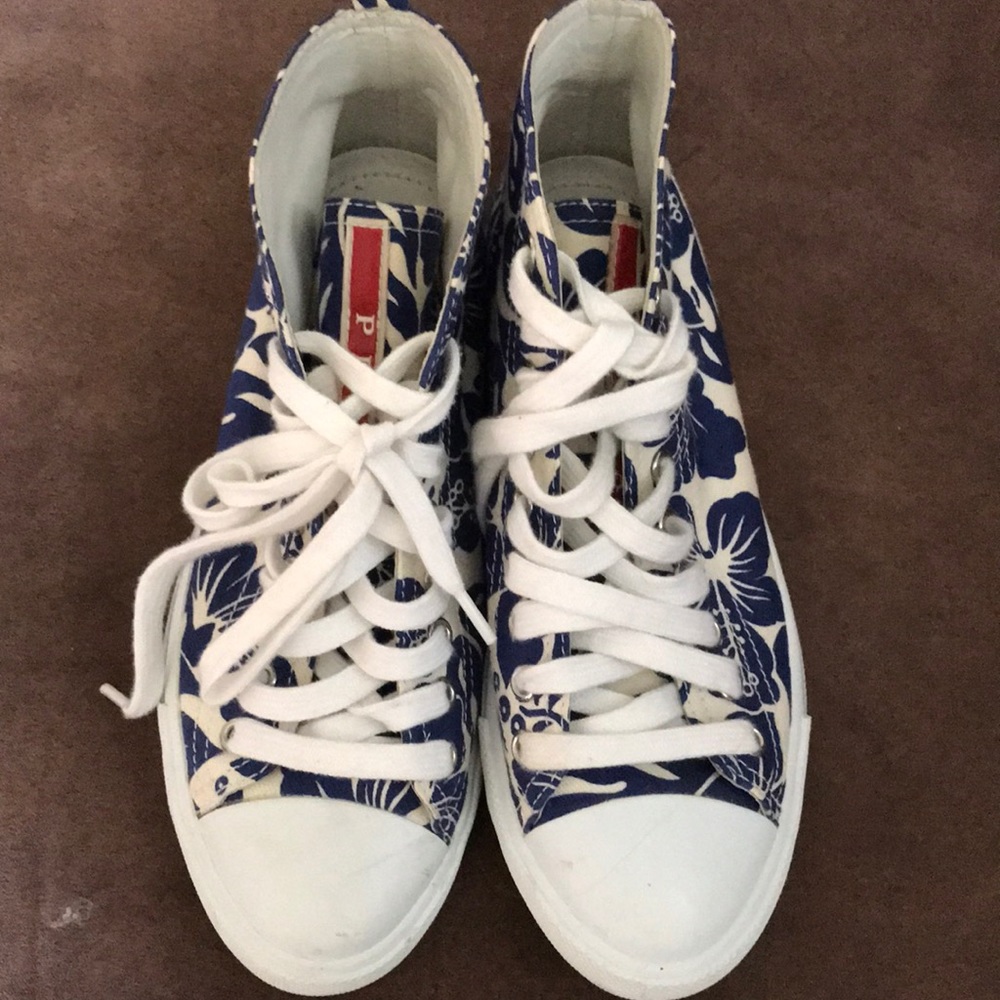 PRADA 3T5731 FLORAL LEATHER CANVAS HIGH TOPS 35.5